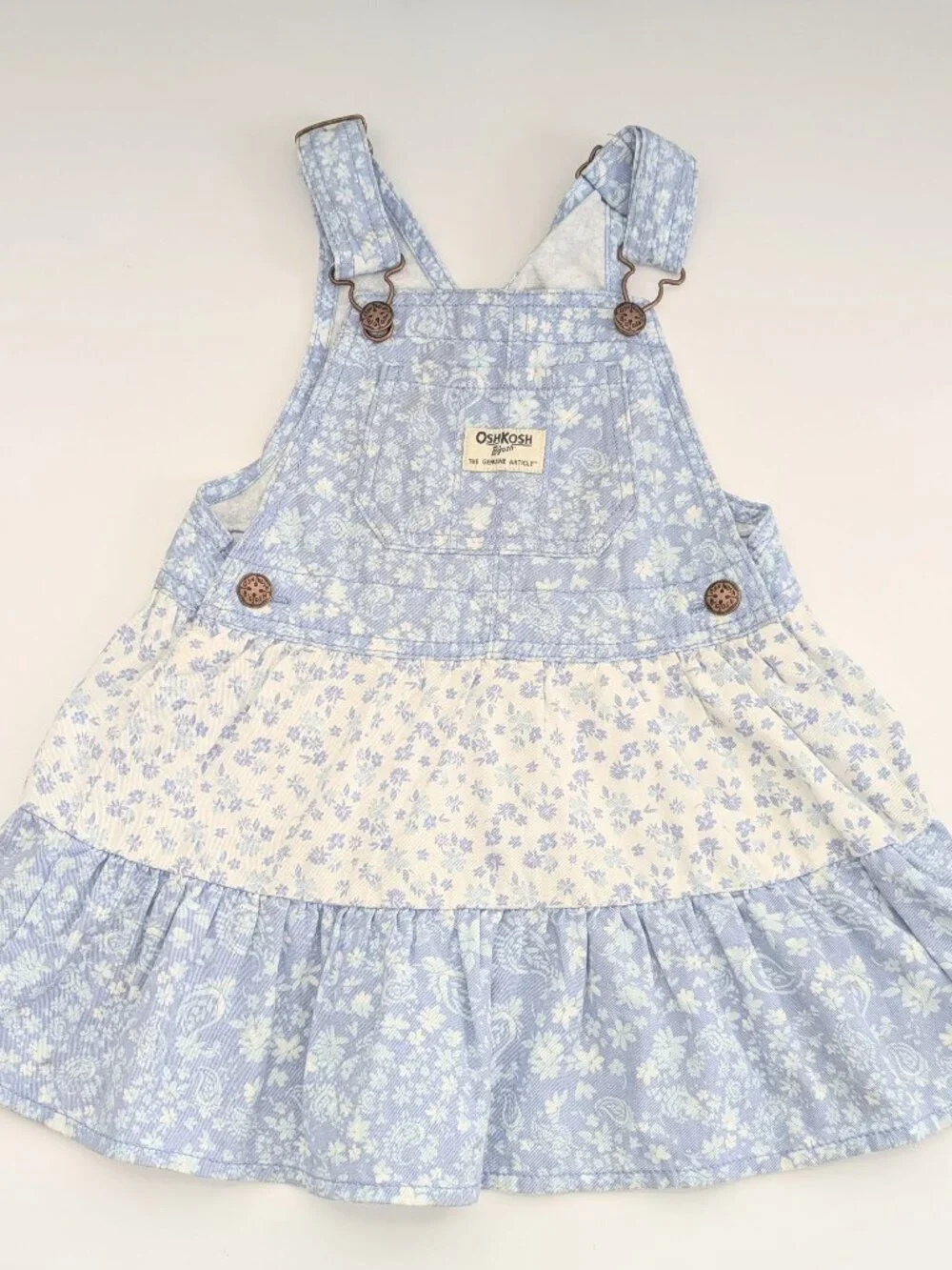 OshKosh B'gosh Girls (Size 3) Blue & White Floral Tiered Bib/Overall-Style Dress